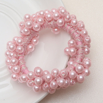 ABS Imitation Bead Wrapped Elastic Hair Accessories, for Girls or Women, Also as Bracelets, Pink, 60mm