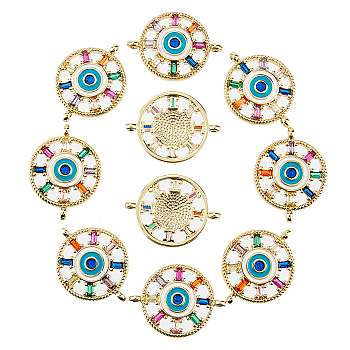 10Pcs Brass Colorful Cubic Zirconia Connector Charms, with Enamel, Flat Round with Evil Eye, Golden, 17x23x3.5mm, Hole: 1.2mm