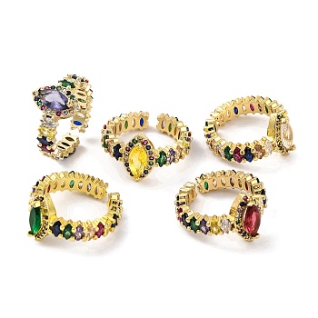 Horse Eye Colorful Cubic Zirconia Open Cuff Ring, Brass Finger Rings for Women, Real 18K Gold Plated, Mixed Color, 24mm, Adjustable