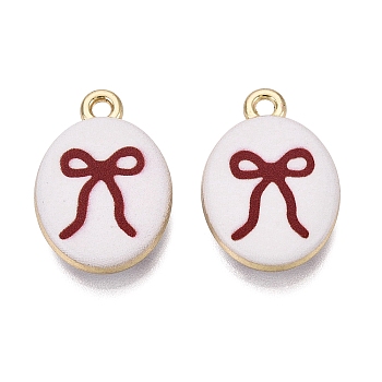 Printed Alloy Pendants, Rack Plating, Oval & Bowknot Charms, Cadmium Free & Nickel Free & Lead Free, Golden, Dark Red, 20x13.5x4mm, Hole: 1.8mm