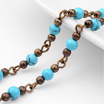 Handmade Round Synthetic Turquoise Beads Chains for Necklaces Bracelets Making, with Iron Eye Pin, Unwelded and Brass Spacer Beads, Antique Bronze, Deep Sky Blue, 39.37 inch(1m)