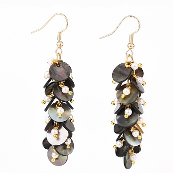 Natural Black Lip Shell Dangle Earrings, Cluster Earrings, with Shell Pearl Beads and Brass Earring Hoops, Flat Round, Real 18K Gold Plated, 67x13mm, Pin: 0.6mm
