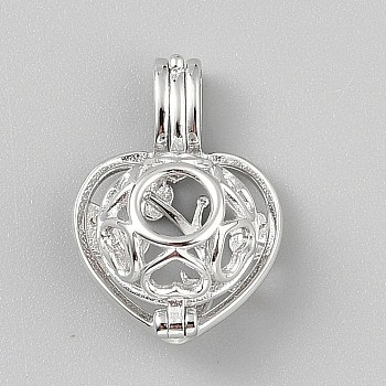 Rhodium Plated 925 Sterling Silver Heart Bead Cage Pendants, Hollow Heart Cage Charms, Anti-Tarnish, Platinum, 19x13x8mm, Hole: 4.5x2.5mm