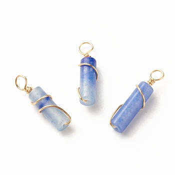 Natural Blue Aventurine Pendants, with Light Gold Tone Eco-Friendly Copper Wire Wrapped, Column, 20~21x5~5.5mm, Hole: 2.3~2.8mm