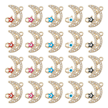 20Pcs 5 Colors Moon Alloy Enamel Connector Charms, Evil Eye Star Links, with Crystal Rhinestone, Light Gold, Mixed Color, 19.5x16x2mm, Hole: 1.8mm, 4pcs/color