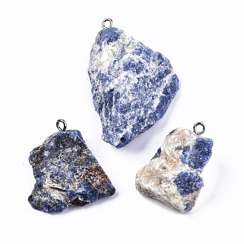 Natural Sodalite Pendants, Rough Raw Stone, with 304 Stainless Steel Loops, Nuggets, Stainless Steel Color, 26~45x23~36x7~14mm, Hole: 2mm