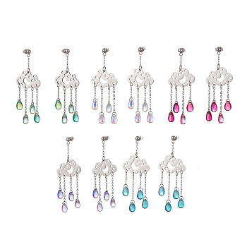 Long Chain with Transparent Glass Beads Dangle Stud Earrings, 304 Stainless Steel Jewelry for Women, Raining Cloud, Mixed Color, 66mm, Pin: 0.9mm