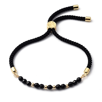 Adjustable Slider Bracelets, Nylon Cord Bracelets, with Natural Black Agate Beads and Brass Beads, Golden, Inner Diameter: 3/4 inch~3-3/4 inch(2~9.5cm)