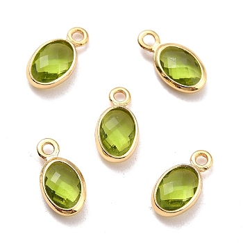 Eco-Friendly Brass with Glass Pendants,  Long-Lasting Plated, Lead Free & Cadmium Free & Nickel Free, Oval, Real 18K Gold Plated, Olive, 9x4.5x2mm, Hole: 1.2mm