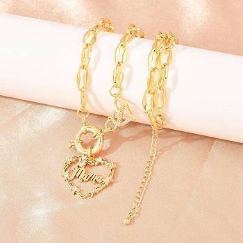 Mother's Day Brass Pave Clear Cubic Zirconia Mama Heart Pendant Necklaces, Cadmium Free & Lead Free, Long-Lasting Plated, Rack Plating, Real 18K Gold Plated, 16.93 inch(43cm)
