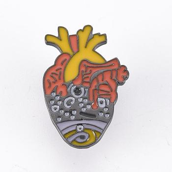 Rack Plating Alloy Enamel Brooches, Enamel Pins, with Brass Butterfly Clutches, Cardiac, Cadmium Free & Nickel Free & Lead Free, Gunmetal, Colorful, 32x21mm, Pin: 1mm