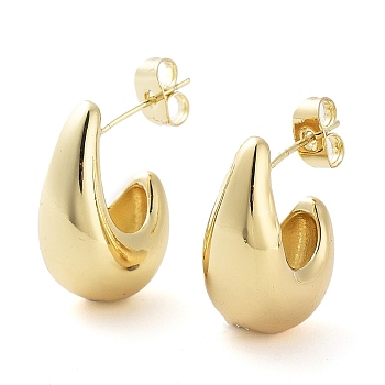 Brass Teardrop Stud Earrings, Half Hoop Earrings for Women, Real 18K Gold Plated, 14x9.5mm