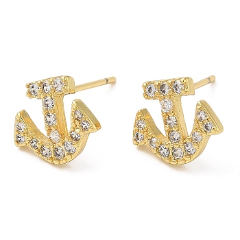 Rack Plating Brass Anchor Stud Earrings with Cubic Zirconia, Lead Free & Cadmium Free, Real 18K Gold Plated, 9x11mm