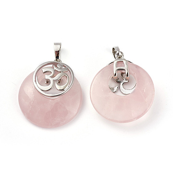 Natural Rose Quartz Pendants, with Platinum Tone Brass Findings, Flat Round with Om Symbol, 32~32.5x28x7~7.5mm, Hole: 5x8mm