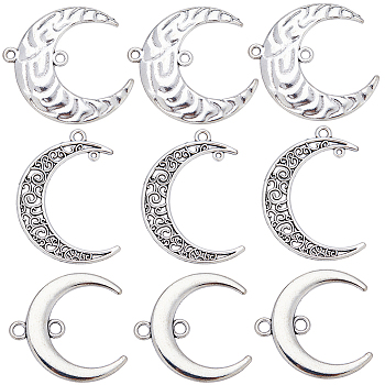 60Pcs 3 Styles Tibetan Style Alloy 2-Loop Connector Charms, Moon Shape Links, Antique Silver, 28.5~41x27.5~33x1.5~2.5mm, Hole: 1~2.6mm, 20pcs/style