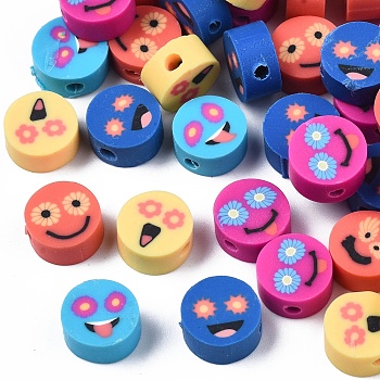 Handmade Polymer Clay Beads, Flat Round with Expression, Mixed Color, 9~10x4~5mm, Hole: 1.6mm