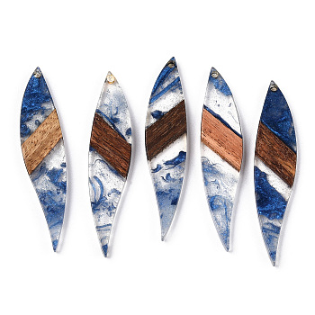 Transparent Resin & Walnut Wood Big Pendants, Leaf Charms, Royal Blue, 53x11.5x3mm, Hole: 1.8mm