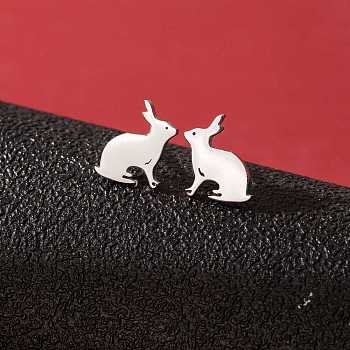 Stainless Steel Small Animal Stud Earrings for Women, Stainless Steel Color, Left and Right, Rabbit, 60x40mm