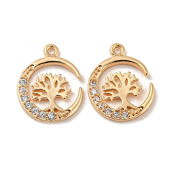 Brass Micro Pave Clear Cubic Zirconia Pndants, Moon with Tree of Life, Real 18K Gold Plated, 12x10x1.5mm, Hole: 0.9mm