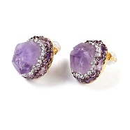 Rack Plating Brass With Nature Amethyst Gemstone, With Rhinestone Handmade Indonesia Stud Earrings. Long-Lasting Plated, Cone, Purple, 21.5x16.5mm(EJEW-U010-01G)