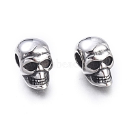 Halloween 304 Stainless Steel European Beads, Large Hole Beads, Skull Head, Antique Silver, 16x9.5x13mm, Hole: 5mm(STAS-M274-116AS)