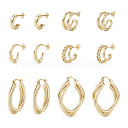 Yilisi 4Pair 4 Style C-shape Brass Stud Earrings, with 2Pair 2 Style Huggie Hoop Earrings for Women, Golden, 15~38x19~34x2.5~19.5mm, Pin: 0.3~0.7mm, 1Pair/style(DIY-YS0001-41)