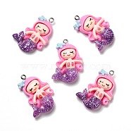 Opaque Resin Pendants, with Glitter Powder and Platinum Tone Iron Loops, Mermaid, Hot Pink, 34x22x6.5mm, Hole: 2mm(RESI-D055-034P)