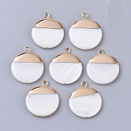 Electroplate Freshwater Shell Pendants, with Top Golden Plated Brass Loops and Half Drilled, Flat Round, Seashell Color, 22x18x3mm, Hole: 0.8~1.8mm(SHEL-S276-61B)