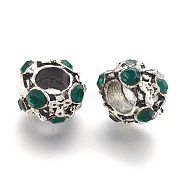 Alloy Rhinestone Rondelle European Beads, Large Hole Beads, Antique Silver, Emerald, 10~12x7mm, Hole: 5mm(ALRI-J051-02AS)