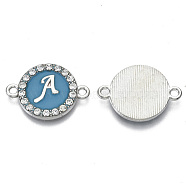 Alloy Enamel Links Connectors, with Crystal Rhinestones, Flat Round with Letter, Silver Color Plated, Letter.A, 22x16x2mm, Hole: 1.8mm(ENAM-TAC0003-01S-06A)