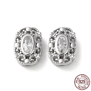 Oval Rhodium Plated 925 Sterling Silver Hollow Out Beads, with Cubic Zirconia, Long-Lasting Plated, with S925 Stamp, Platinum, 8.5x6x3mm, Hole: 4.5x0.5mm(STER-D005-03P)