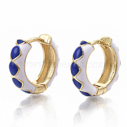 Brass Huggie Hoop Earrings, with Two Tone Enamel, Real 18K Gold Plated, Rhombus Pattern, Blue, 15.5x16.5x5mm, Pin: 1x1mm(EJEW-S209-05B)