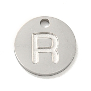 304 Stainless Steel Pendants, Laser Cut, Flat Round with Letter Charm, Stainless Steel Color, Letter R, 10x1mm, Hole: 1.4mm(FIND-M017-02P-R)