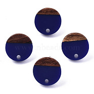 Opaque Resin & Walnut Wood Stud Earring Findings, with 304 Stainless Steel Pin, Flat Round, Dark Blue, 14mm, Hole: 1.8mm, Pin: 0.7mm(MAK-N032-007A-B01)