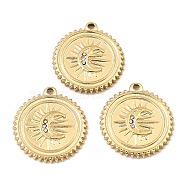 Ion Plating(IP) 316 Stainless Steel with Rhinestone Pendants, Flat Round with Moon Charm, Real 24K Gold Plated, 20x18.5x2mm, Hole: 1.2mm(STAS-K258-08G)