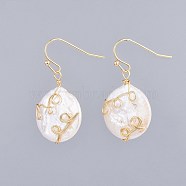 Flat Round Natural Baroque Pearl Keshi Pearl Dangle Earrings, with Brass Earring Hooks and Copper Wire, Seashell Color, Real 18K Gold Plated, 35~36mm, Pin: 0.6mm(EJEW-JE03403)