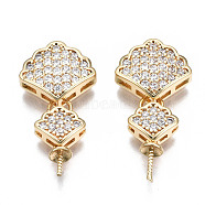 Brass Micro Pave Clear Cubic Zirconia Peg Bails Pendants, for Half Drilled Bead, Nickel Free, Fan, Real 18K Gold Plated, 22~24x11.5x4mm, Hole: 2.5x1mm, Pin: 0.6mm(KK-S356-332-NF)