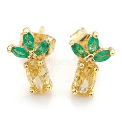 Brass Cubic Zirconia Stud Earring, with Ear Nuts/Earring Backs, Pineapple, Real 18K Gold Plated, 10x7x3mm, Pin: 1mm(EJEW-O106-03G)