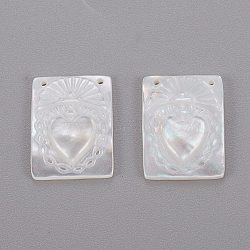 Natural White Shell Mother of Pearl Shell Pendants, Rectangle with Heart, 15.5x11.5x2.2mm, Hole: 0.7mm(X-SHEL-K004-04)