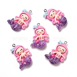 Opaque Resin Pendants, with Glitter Powder and Platinum Tone Iron Loops, Mermaid, Hot Pink, 34x22x6.5mm, Hole: 2mm(RESI-D055-034P)
