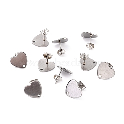 Non-Tarnish 304 Stainless Steel Stud Earring Findings, with Ear Nuts, Heart, Stainless Steel Color, 12x13mm, Hole: 1.5mm, Pin: 0.7mm(STAS-I183-07B-07P)