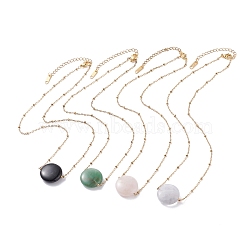 Flat Round Natural Mixed Stone Pendant Necklace for Girl Women, Golden, 16.73~17.13 inch(42.5~43.5cm) (NJEW-JN03749)