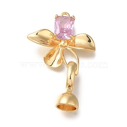 Brass Fold Over Clasp, Micro Pave Pink Cubic Zirconia, Flower, Real 18K Gold Plated, 33mm(KK-H480-21G)