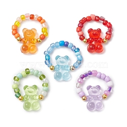 Glass Seed Beads Stretch Rings, with Acrylic Bear Beads, Mixed Color, Inner Diameter: 18mm(RJEW-JR00789)