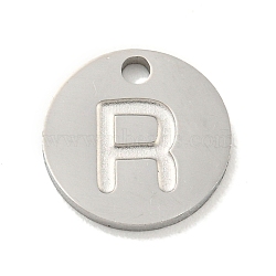 Non-Tarnish 304 Stainless Steel Pendants, Laser Cut, Flat Round with Letter Charm, Stainless Steel Color, Letter R, 10x1mm, Hole: 1.4mm(FIND-M017-02P-R)