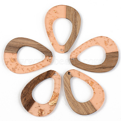 Transparent Resin & Walnut Wood Pendants, with Gold Foil, Teardrop, Dark Salmon, 37.5x38x3mm, Hole: 2mm(RESI-S389-026A-B04)