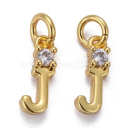 Brass Micro Pave Clear Cubic Zirconia Pendants, with Jump Rings, Real 18K Gold Plated, Long-Lasting Plated, Letter, Letter.J, 10x3x2mm(ZIRC-Z011-35J)