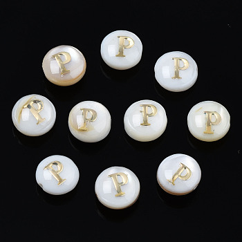 Natural Freshwater Shell Beads, with Golden Plated Brass Etched Metal Embellishments, Flat Round with Letter, Seashell Color, Letter.P, 6x4mm, Hole: 0.8mm