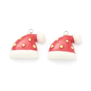 Resin Pendants, for Christmas Festival, with Platinum Iron Peg Bail, Christmas Hat with Star, Red, 24x27x8mm, Hole: 2mm
