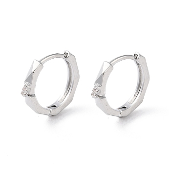 Brass Micro Pave Cubic Zirconia Hoop Earrings, Octagon, Real Platinum Plated, 11.5x2mm